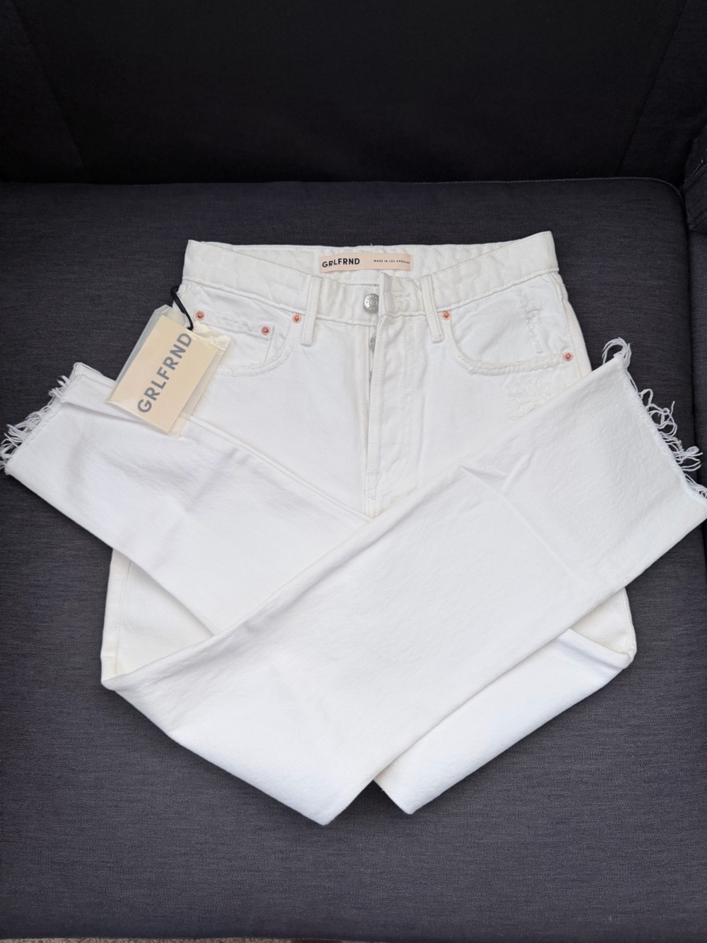 GRLFRND White High-Rise Straight Leg Jeans with Raw Hem